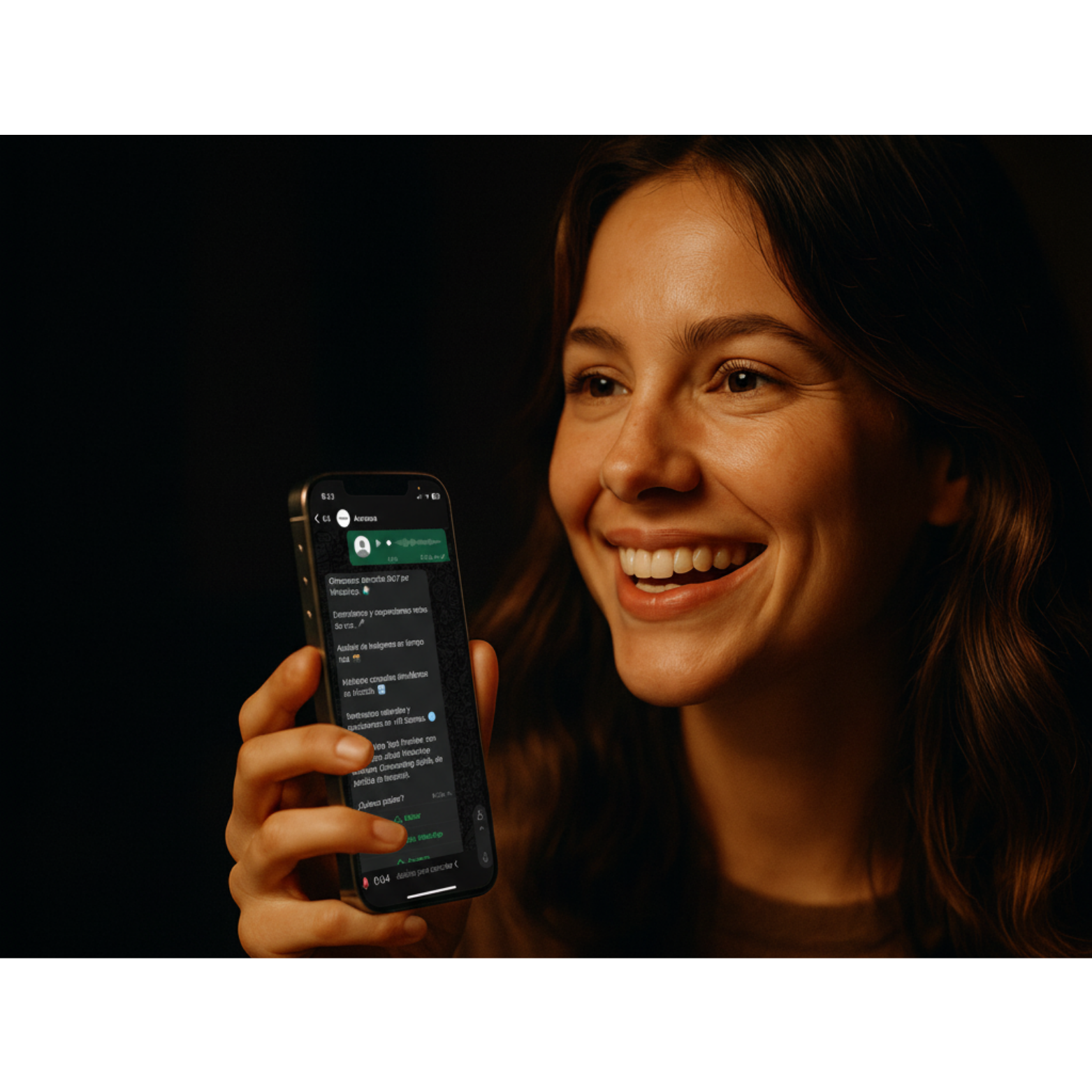 Mujer sonriendo mientras interactúa con el asistente de voz